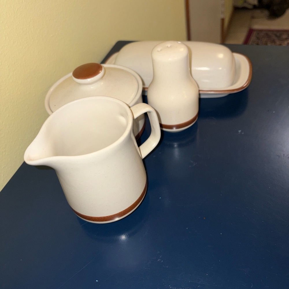 Stoneware cream & brown vintage creamer and sugar bowl, butter tray with cover